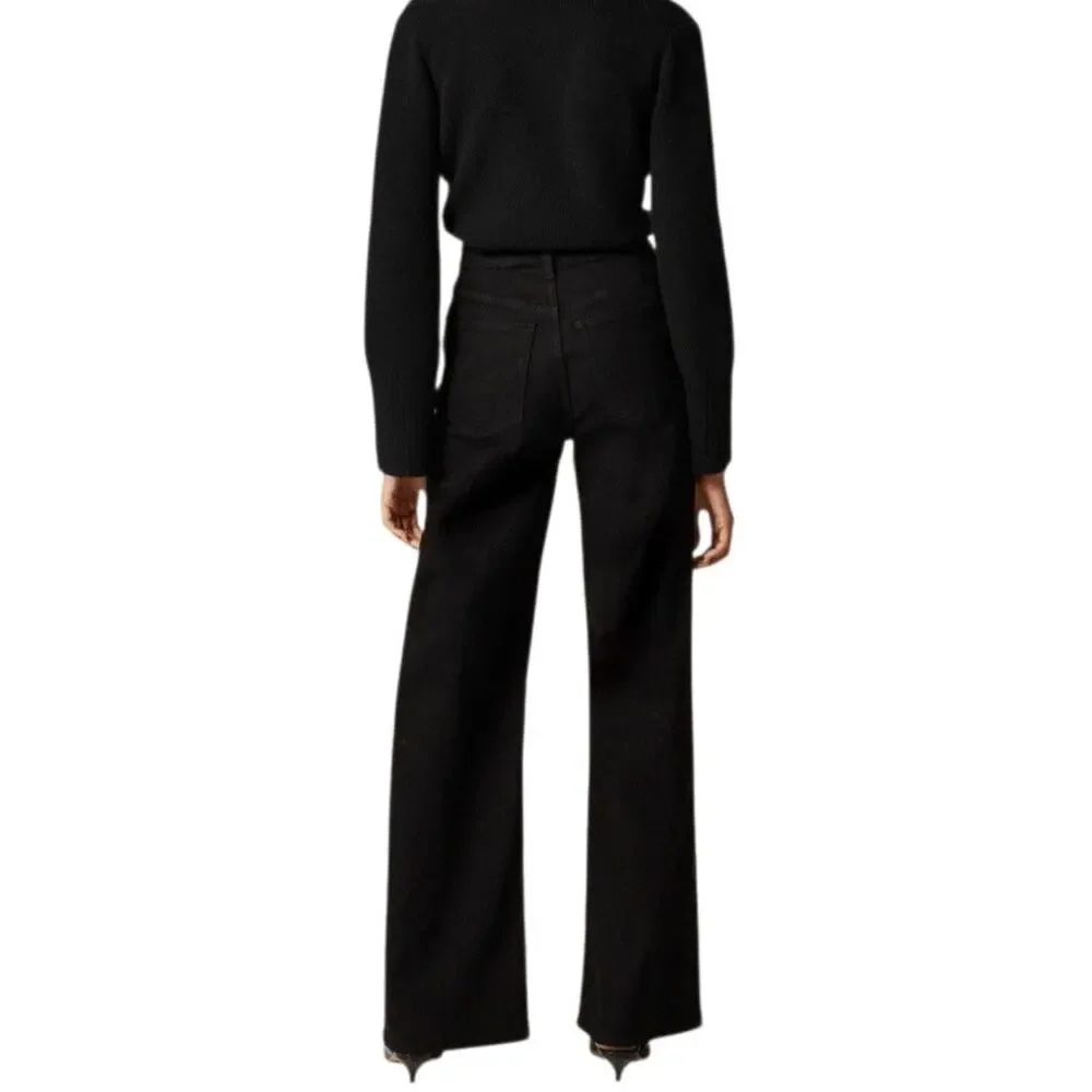 J Crew Denim Trouser‎ Jeans Wide Leg Black Semi Stretch High Rise Minimalist 28
